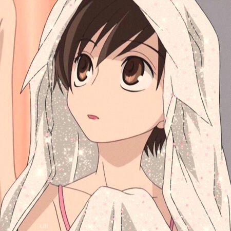 haruhi from OHSHC with a white shirt on the back of her head like a veil. she is looking up and to the left.