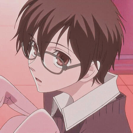 haruhi from OHSHC looking up and to the right. she has glasses, a grey sweater & white collared shirt. she is holding usa-chan.