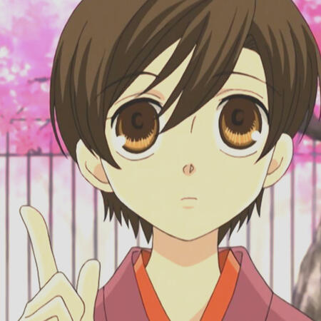 haruhi from OHSHC facing you and looking up. she has on a red and maroon kimono, and is pointing her index finger up on her left